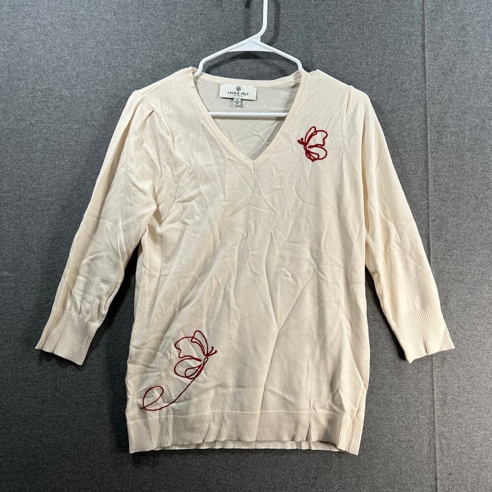 Laurie Felt 3/4 Sleeve Susater w/ Butterfly Embroidery Coconut Cream, X-Small